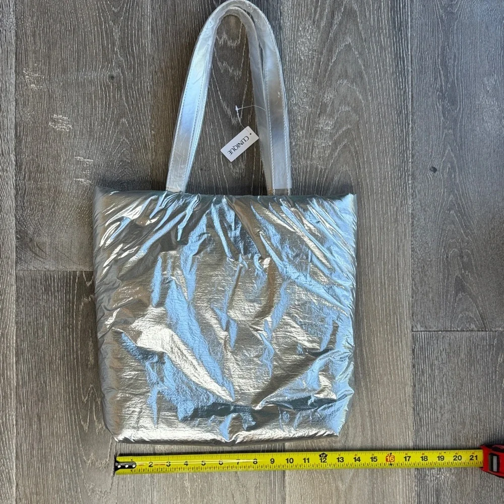Clinique Silver Metallic Tote with Green Logo Accent
